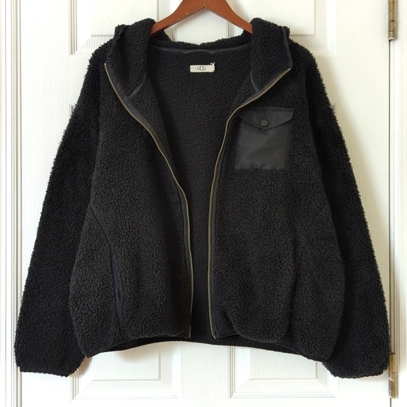 Ugg Kadence Fluffy Sherpa Oversized Relaxed Fit Hooded Teddy Jacket Black Small - Picture 1 of 14